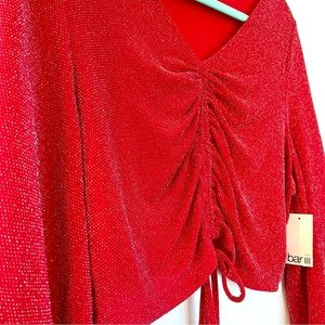 Bar III Billowing balloon sleeves, a drawstring-ruched hem, glitter details.